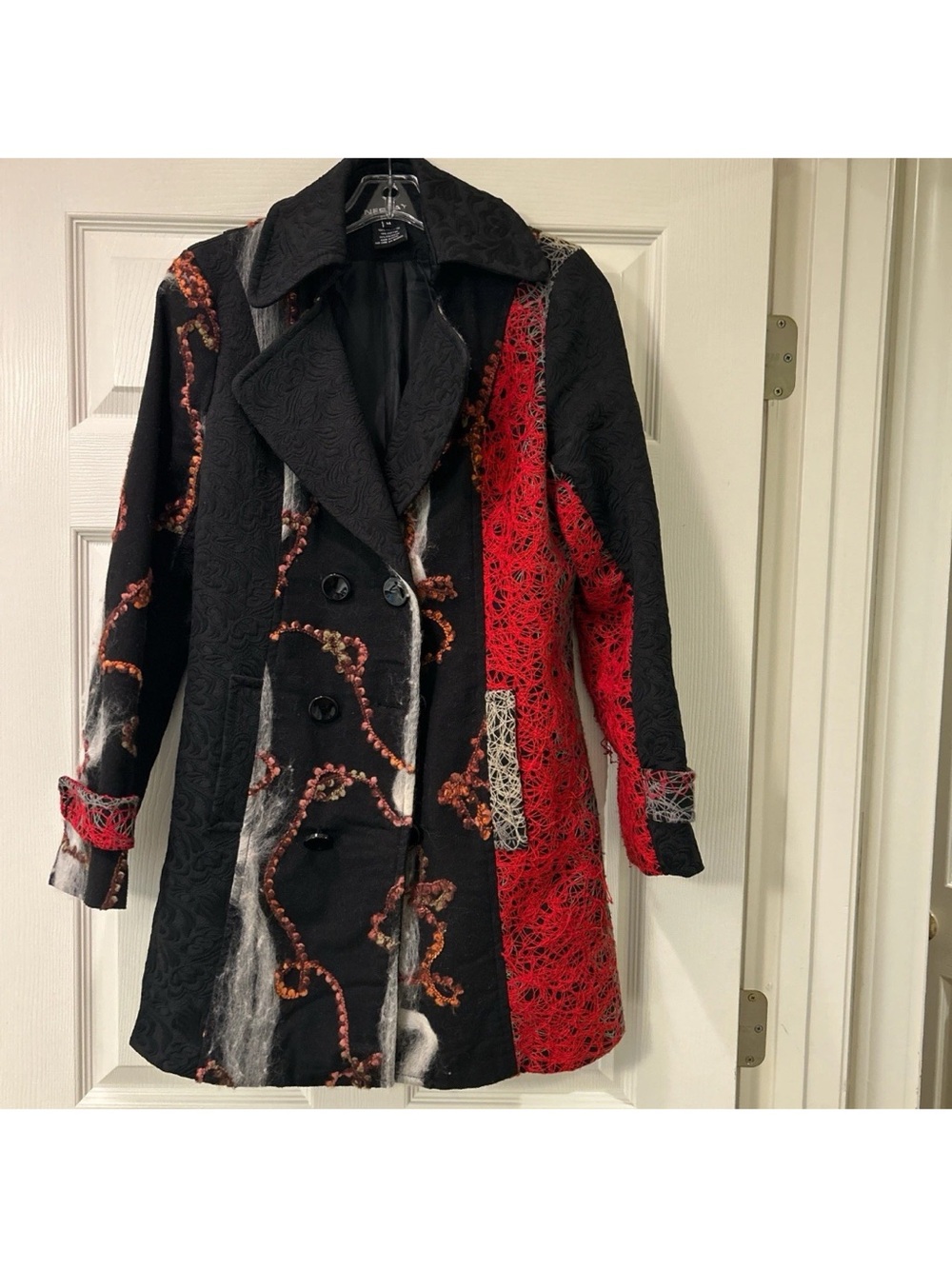 Women's Black & Red Patterned Double-Breasted Pea Coat